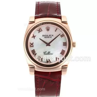 Rolex Cellini Full Rose Gold Case Roman Markers With White Mop Dial Brown Leather Strap