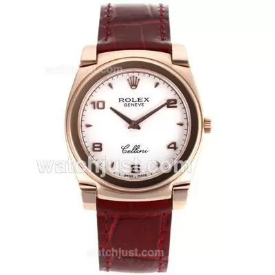 Rolex Cellini Full Rose Gold Case Number/stick Markers With White Mop Dial Brown Leather Strap