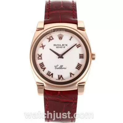 Rolex Cellini Full Rose Gold Case Roman Markers With White Dial Brown Leather Strap