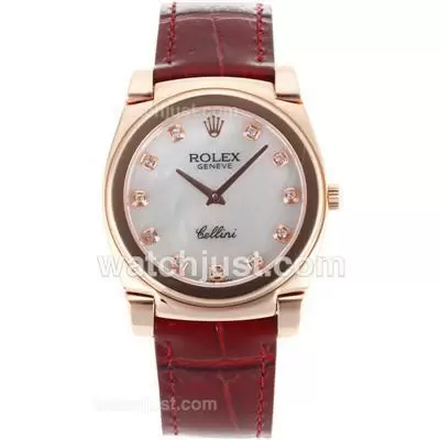 Rolex Cellini Full Rose Gold Case Diamond Markers With White Mop Dial Brown Leather Strap