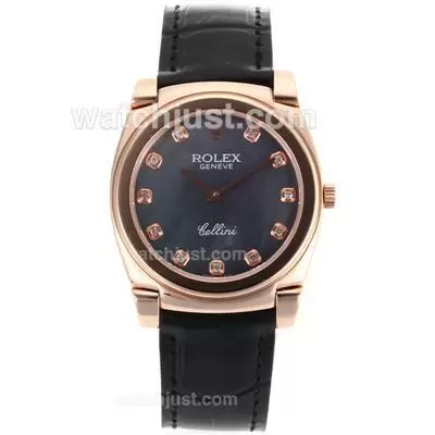 Rolex Cellini Full Rose Gold Case Diamond Markers With Black Mop Dial Black Leather Strap