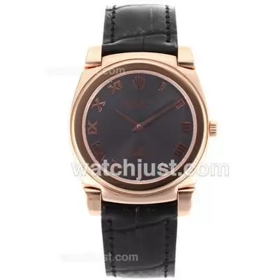 Rolex Cellini Full Rose Gold Case Roman Markers With Gray Dial Black Leather Strap