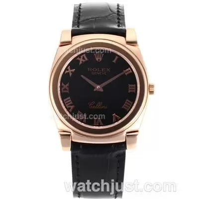 Rolex Cellini Full Rose Gold Case Roman Markers With Black Dial Black Leather Strap