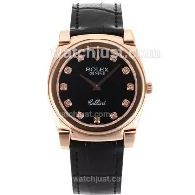 Rolex Cellini Full Rose Gold Case Diamond Markers With Black Dial Black Leather Strap