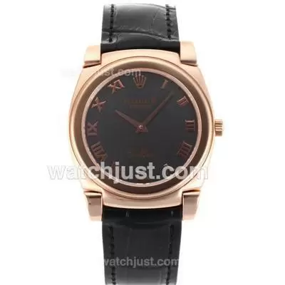 Rolex Cellini Full Rose Gold Case Roman Markers With Gray Dial Black Leather Strap