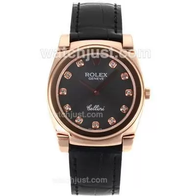 Rolex Cellini Full Rose Gold Case Diamond Markers With Gray Dial Black Leather Strap