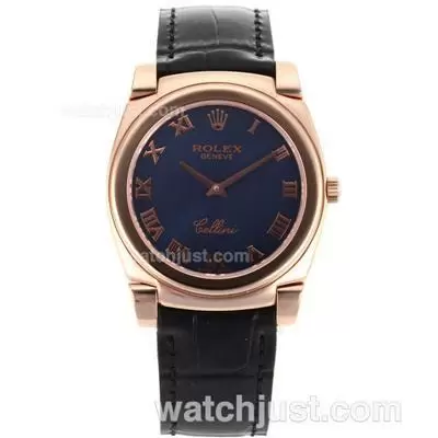 Rolex Cellini Full Rose Gold Case Roman Markers With Blue Dial Black Leather Strap