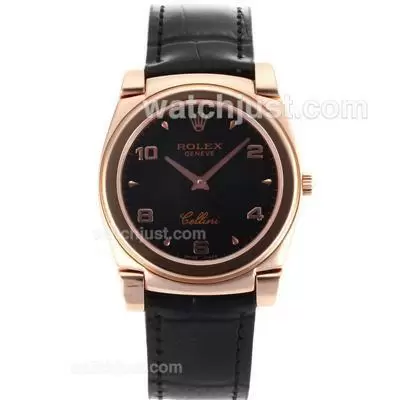 Rolex Cellini Full Rose Gold Case Number/stick Markers With Black Dial Black Leather Strap