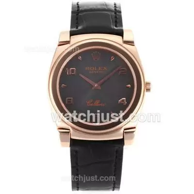 Rolex Cellini Full Rose Gold Case Number/stick Markers With Gray Dial Black Leather Strap