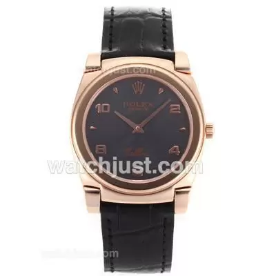 Rolex Cellini Full Rose Gold Case Number/stick Markers With Gray Dial Black Leather Strap