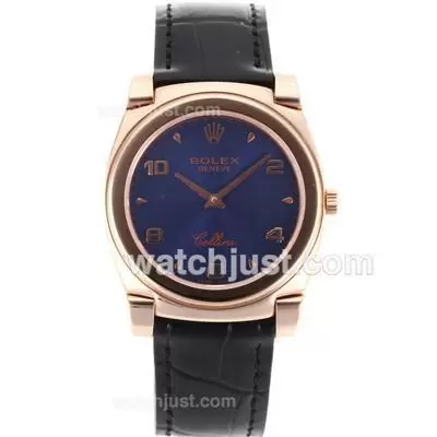 Rolex Cellini Full Rose Gold Case Number/stick Markers With Blue Dial Black Leather Strap