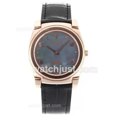 Rolex Cellini Full Rose Gold Case Number/stick Markers With Blue Mop Dial Black Leather Strap