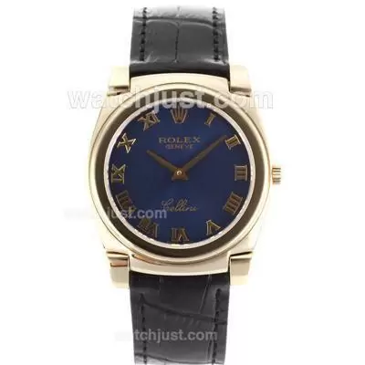 Rolex Cellini Full Gold Case Roman Markers With Blue Dial Black Leather Strap