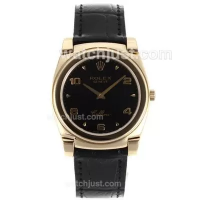 Rolex Cellini Full Gold Case Number/stick Markers With Black Dial Black Leather Strap