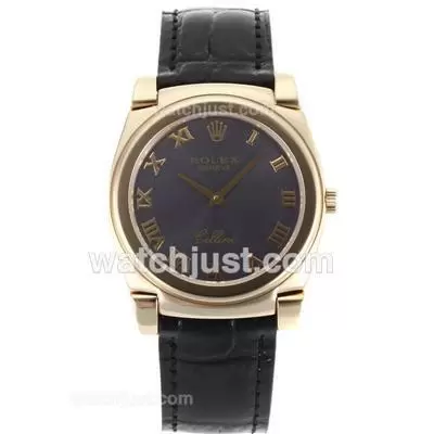 Rolex Cellini Full Gold Case Roman Markers With Gray Dial Black Leather Strap