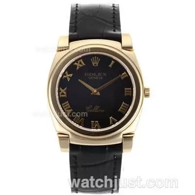 Rolex Cellini Full Gold Case Roman Markers With Black Dial Black Leather Strap