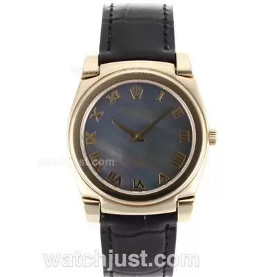 Rolex Cellini Full Gold Case Roman Markers With Black Mop Dial Black Leather Strap