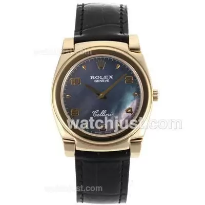 Rolex Cellini Full Gold Case Number/stick Markers With Black Mop Dial Black Leather Strap