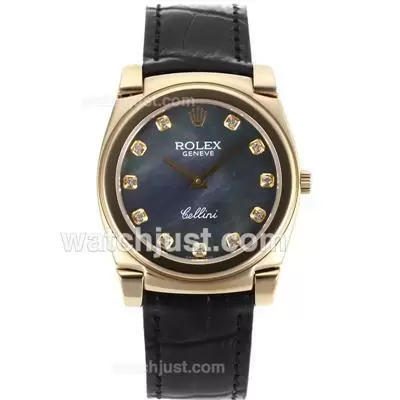 Rolex Cellini Full Gold Case Diamond Markers With Black Mop Dial Black Leather Strap