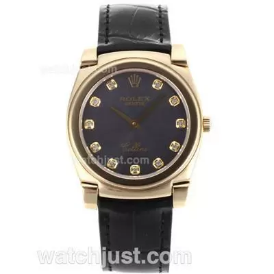 Rolex Cellini Full Gold Case Diamond Markers With Gray Dial Black Leather Strap