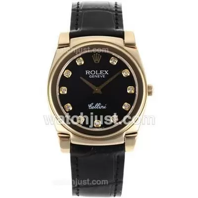 Rolex Cellini Full Gold Case Diamond Markers With Black Dial Black Leather Strap