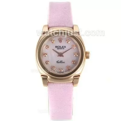 Rolex Cellini Rose Gold Case Diamond Markers With White Mop Dial Pink Leather Strap