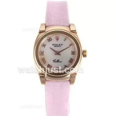 Rolex Cellini Rose Gold Case Roman Markers With Mop Dial Pink Leather Strap