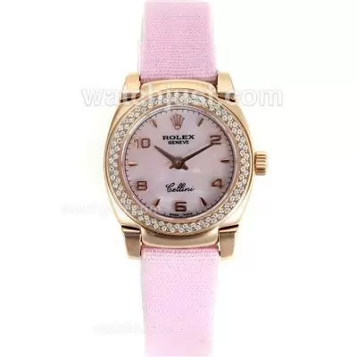 Rolex Cellini Rose Gold Case Diamond Bezel With Mop Dial Pink Leather Strap