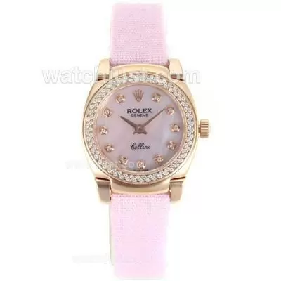 Rolex Cellini Rose Gold Case Diamond Bezel With Mop Dial Pink Leather Strap