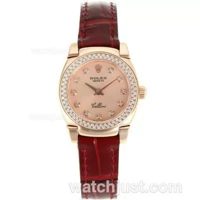 Rolex Cellini Rose Gold Case Diamond Bezel And Markers With Champagne Dial Red Leather Strap