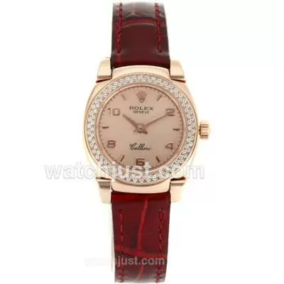 Rolex Cellini Rose Gold Case Diamond Bezel With Champagne Dial Red Leather Strap