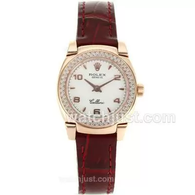 Rolex Cellini Rose Gold Case Diamond Bezel With White Dial Red Leather Strap