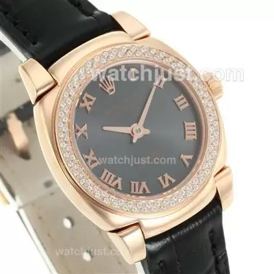 Rolex Cellini Rose Gold Case Diamond Bezel With Black Dial Roman Markers