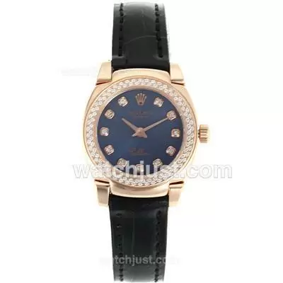 Rolex Cellini Rose Gold Case Diamond Bezel And Markers With Blue Dial Leather Strap