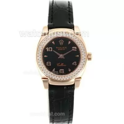 Rolex Cellini Rose Gold Case Diamond Bezel With Black Dial Leather Strap