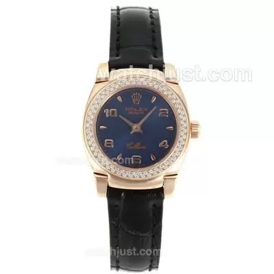 Rolex Cellini Rose Gold Case Diamond Bezel With Blue Dial Leather Strap