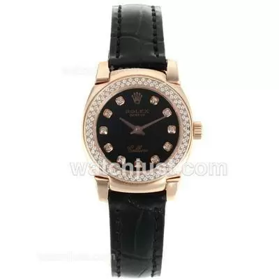 Rolex Cellini Rose Gold Case Diamond Bezel And Markers With Black Dial Leather Strap