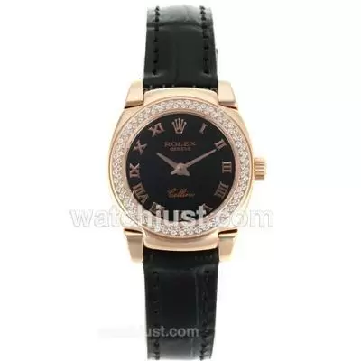 Rolex Cellini Rose Gold Case Diamond Bezel With Black Dial Roman Markers