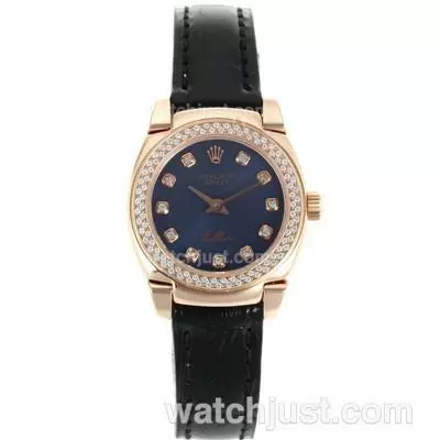 Rolex Cellini Rose Gold Case Diamond Bezel And Markers With Blue Dial Leather Strap