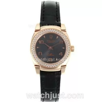 Rolex Cellini Rose Gold Case Diamond Bezel With Black Dial Leather Strap