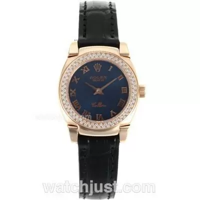 Rolex Cellini Rose Gold Case Diamond Bezel With Blue Dial Leather Strap