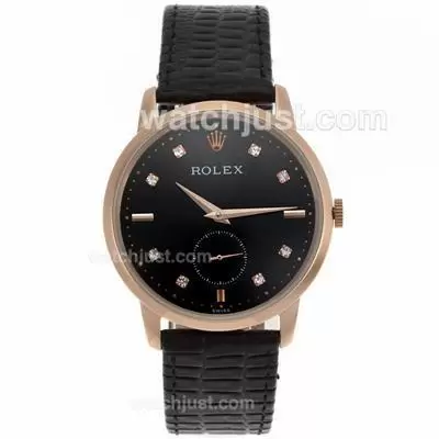 Rolex Cellini Automatic Rose Gold Case Diamond Markers With Black Dial Leather Strap