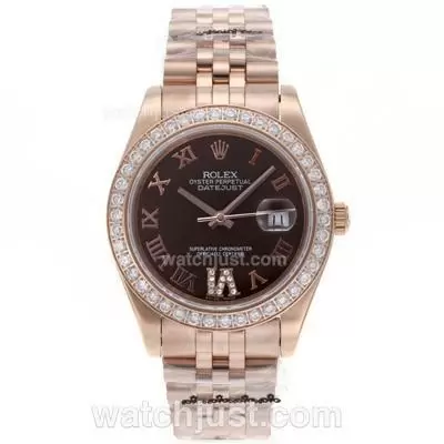 Rolex Datejust Ii Automatic Full Rose Gold Diamond Bezel Roman Markers With Brown Dial Sapphire Glass