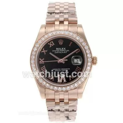 Rolex Datejust Ii Automatic Full Rose Gold Diamond Bezel Roman Markers With Black Dial Sapphire Glass