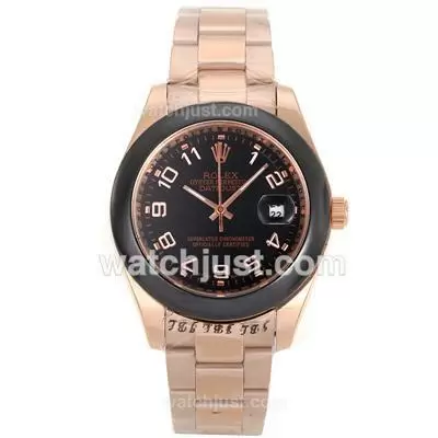 Rolex Datejust Ii Automatic Full Rose Gold Ceramic Bezel Number Markers With Black Dial