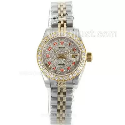 Rolex Datejust Automatic Two Tone Diamond Bezel And Dial With Red Number Markers Sapphire Glass