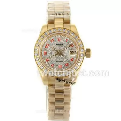 Rolex Datejust Automatic Full Gold Diamond Bezel And Dial With Red Number Markers Sapphire Glass