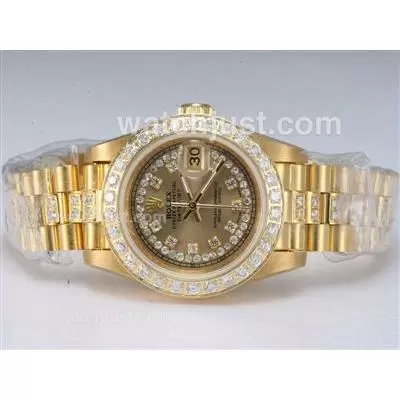 Rolex Datejust Automatic Movement Full Gold With Diamond Bezel And Marking Golden Dial Lady Size