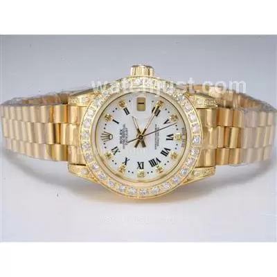 Rolex Datejust Automatic Full Gold With Diamond Bezel White Dial Lady Size