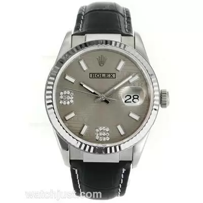 Rolex Datejust Automatic Movement With Gray Watermark Dial Leather Strap